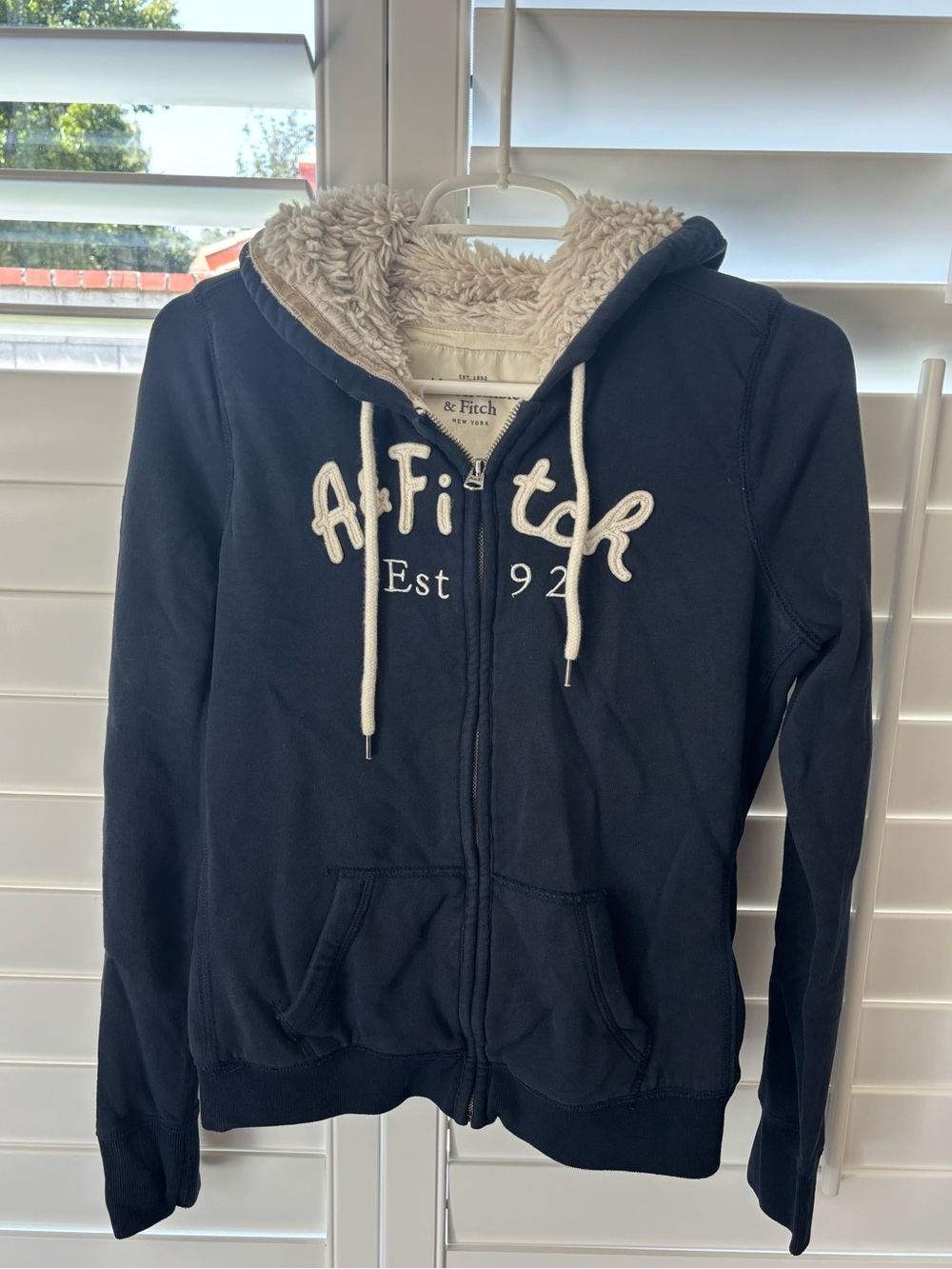 Abercrombie & Fitch Navy Sherpa-Lined Zip Hoodie with Cream Drawstrings